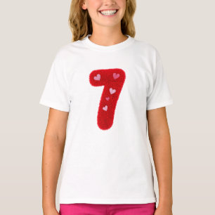 Schattig Rode Fluffy Nummer 7 Roze Hartjes Verjaar T-shirt
