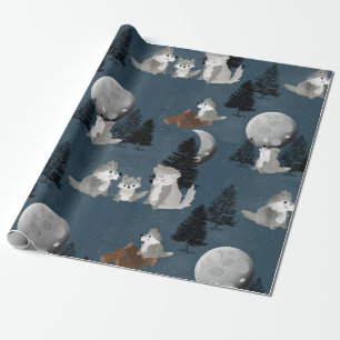 Schattig Roedel Wolven Bos Nachtelijke Hemel Maan Cadeaupapier