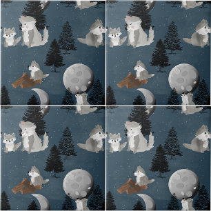 Schattig Roedel Wolven Bos Nachtelijke Hemel Maan Tegeltje
