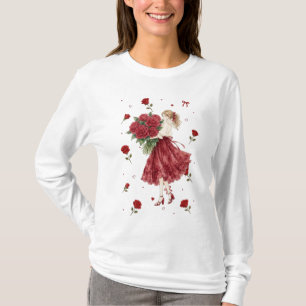 Schattig Romantisch Meisje met Rode Rozen Boeket L T-shirt