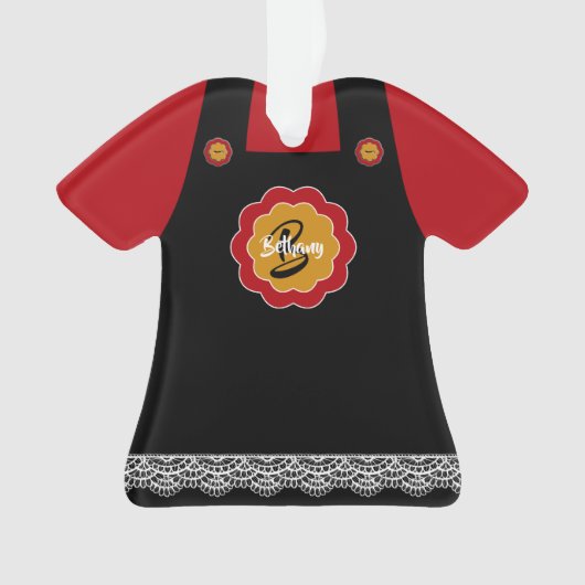 Schattig rood met grijs pinafore kant trim kerst ornament (voorkant)