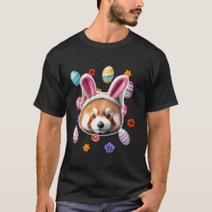Schattig Rood Panda Gezicht Met Konijnenoren Bloem T-shirt