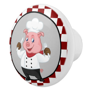 Schattig rood wit geruit chef varken keramische knop