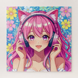 Schattig Roze Anime Meisje met Hoofdtelefoon Legpuzzel