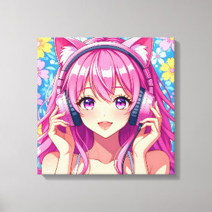 Schattig Roze Anime Meisje met Koptelefoon Canvas Afdruk