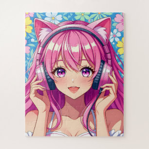 Schattig Roze Anime Meisje met Koptelefoon Legpuzzel