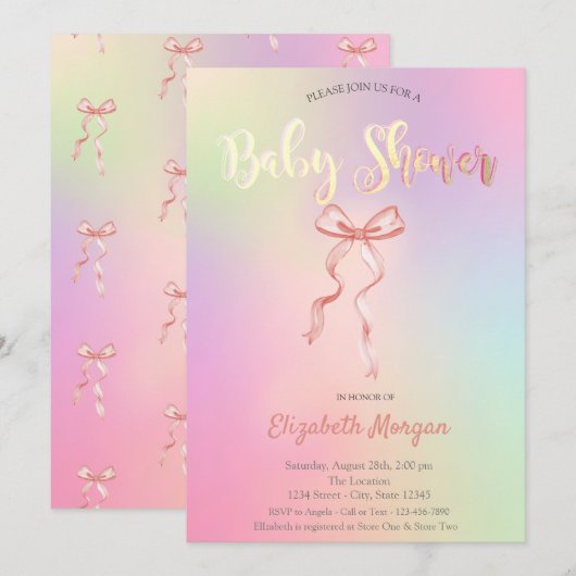 Schattig Roze Bow Holografisch Baby shower Kaart (Voorkant / Achterkant)