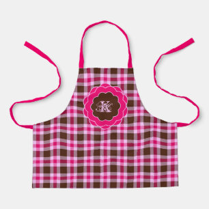 Schattig Roze & Bruin Plaid Monogram Scalloped Lij Schort