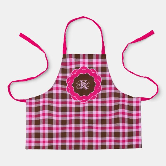 Schattig Roze & Bruin Plaid Monogram Scalloped Lij Schort (Voorkant)
