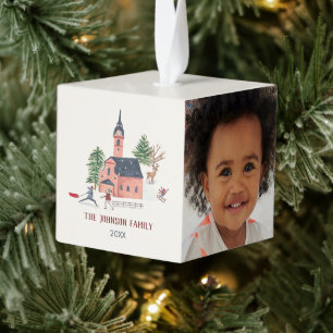 Schattig roze dorp kerst foto kubus ornament