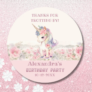 Schattig Roze Eenhoorn Meisje Verjaardag Bedankt Ronde Sticker