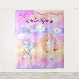 Schattig Roze Eenhoorn Meisje Zit Op De Maan Baby Wandkleed