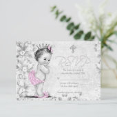 Schattig  Roze en Grijze Doop RSVP (Staand voorkant)