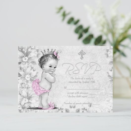 Schattig  Roze en Grijze Doop RSVP (Staand voorkant)