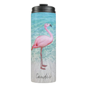 Schattig roze flamingo tropisch strand naam Fine A Thermosbeker