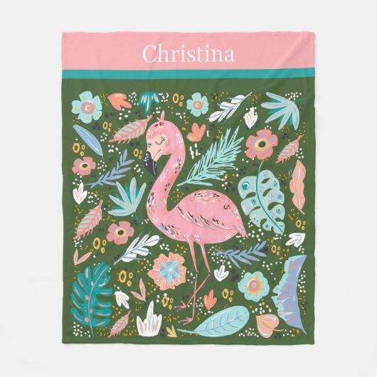 schattig roze flamingo voegt naam toe fleece deken (Voorkant)