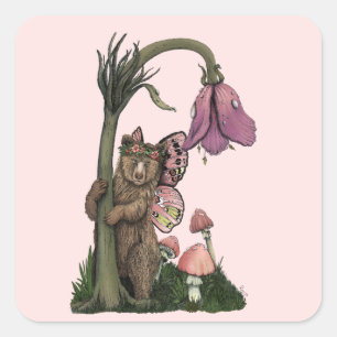 Schattig Roze Grizzly Beer Fairy in Enchanted Fore Vierkante Sticker