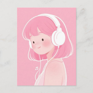 Schattig Roze-Harig Meisje dat naar Muziek Luister Briefkaart