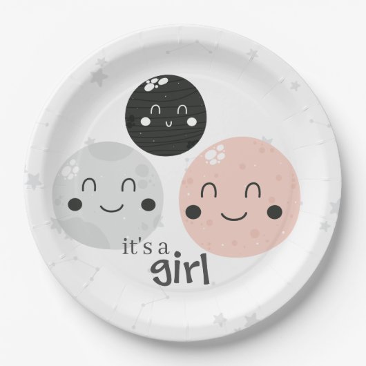 Schattig Roze Kawaii Planet Het is een Meisje Baby Papieren Bordje (Voorkant)