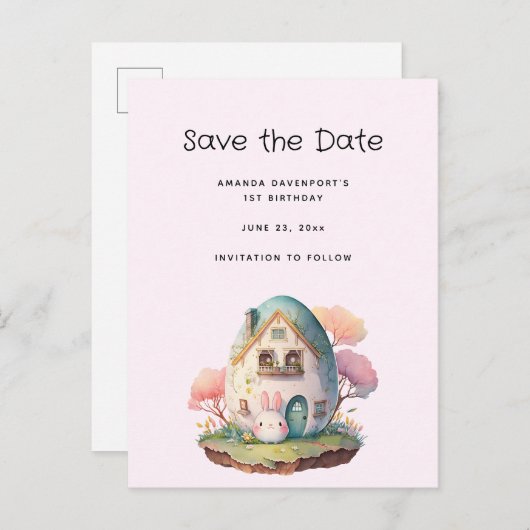 Schattig Roze Konijntje Kawaii Stijl Save the Date Uitnodiging Briefkaart (Voorkant / Achterkant)