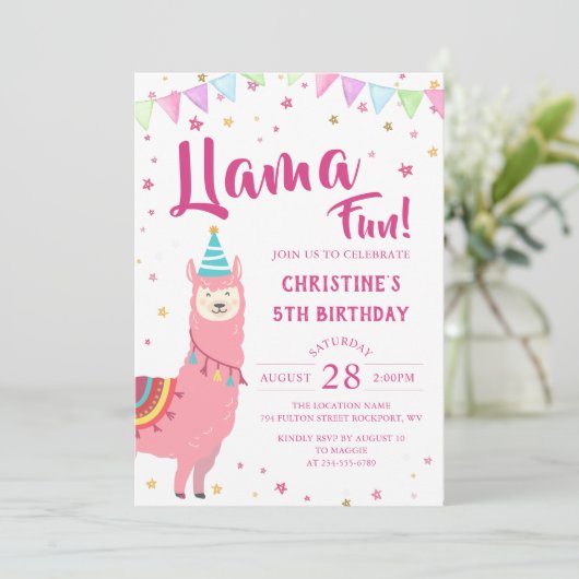 Schattig Roze Llama Fun Birthday Uitnodiging (Staand voorkant)