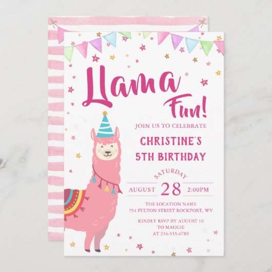 Schattig Roze Llama Fun Birthday Uitnodiging (Voorkant / Achterkant)