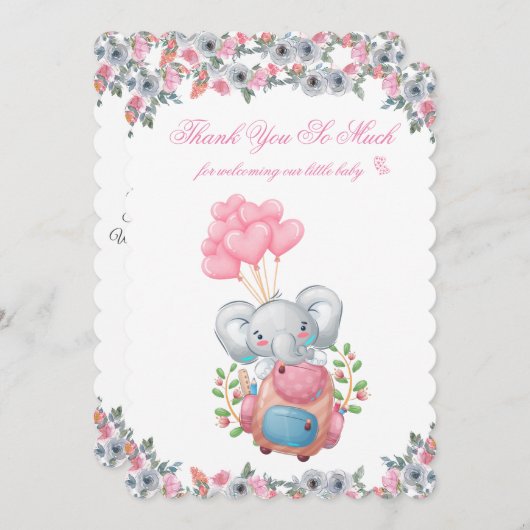 Schattig roze olifant Baby shower dank u kaart (Voorkant / Achterkant)
