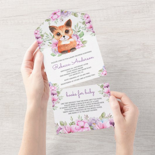 Schattig roze Paarse bloemenkitten Baby shower All In One Uitnodiging (Afscheurbaar)