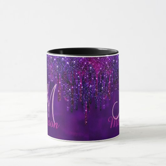 Schattig Roze paarse Eenhoorn Glitter Drips monogr Mok (Midden)