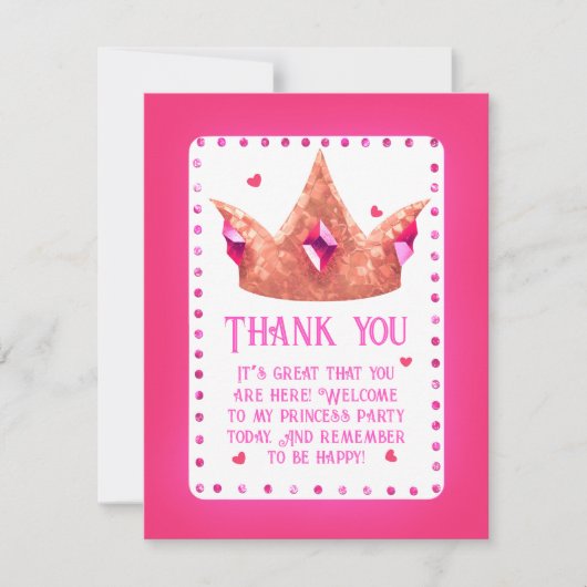 Schattig roze prinses verjaardag flat dank u kaart (Voorkant)