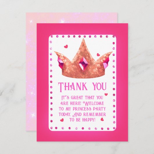 Schattig roze prinses verjaardag flat dank u kaart (Voorkant / Achterkant)