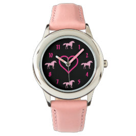 Schattig roze silhouet eenhoorns en hart op zwart horloge
