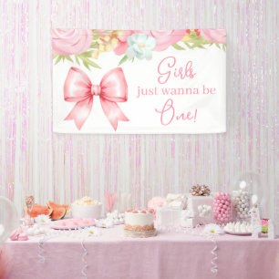 Schattig Roze Strik Meisje Eerste Verjaardag Spandoek