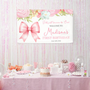 Schattig Roze Strik Meisje Eerste Verjaardag Spandoek