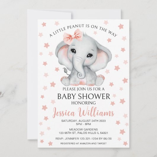 Schattig roze waterverf olifant baby girl shower kaart (Voorkant)