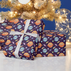 Schattig Ruimteontwerp Lachende Planeten en Schiet Cadeaupapier
