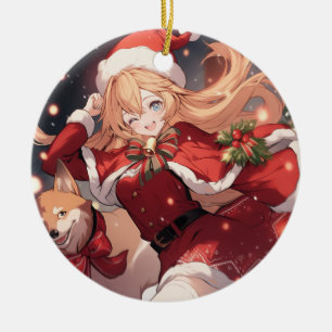 Schattig Santa Anime Meisje en Kerstmis Shiba Hond Keramisch Ornament