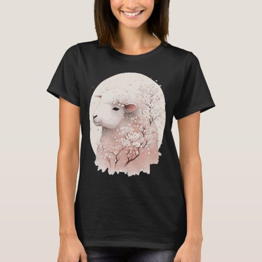 Schattig Schaap Japans Kersenbloesem Sakura Boerde T-shirt (Voorkant)