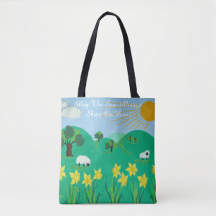 schattig schaap met bomen heuvels blauw hemel draagtas