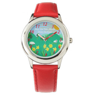 schattig schaap met bomen heuvels blauwe hemel en horloge