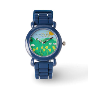 schattig schaap met bomen heuvels blauwe hemel en horloge