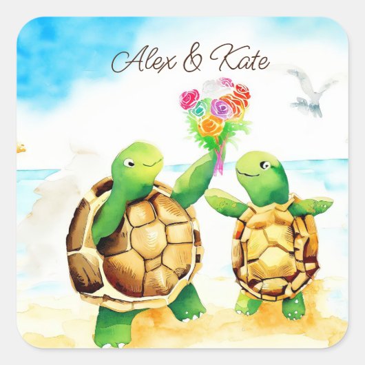 Schattig schildpad paar | Romantische bruiloft Vierkante Sticker (Voorkant)