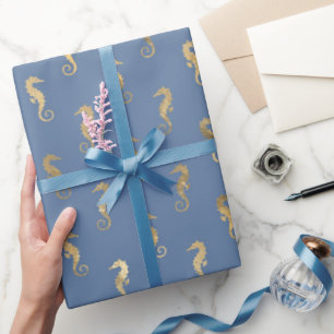 Schattig Seahorse Blauw Goud Zeemeermin Thema Fees Cadeaupapier