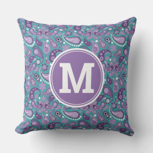 Schattig shabby chic paars en blauw paisley monogr kussen