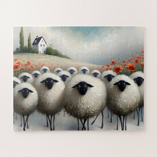 Schattig Sheep Poppy Field en een huis Legpuzzel (Horizontaal)