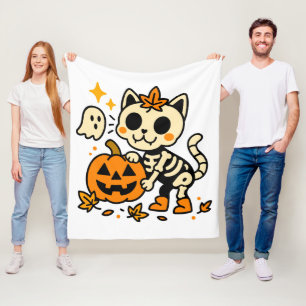 Schattig skelet kat met pompoen fleece deken