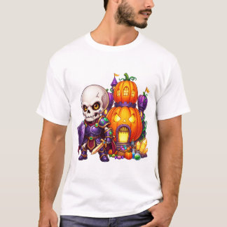 Schattig skelet ridder pompoen kasteel Halloween T-shirt