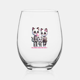 Schattig Skeleton Cat Familie met Bubble Gum Fun H Wijnglas Zonder Voet