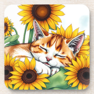 Schattig slapend kitten en zonnebloemen bier onderzetter