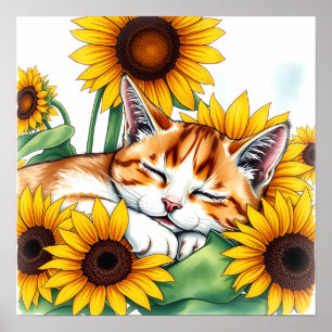 Schattig slapend kitten en zonnebloemen poster
